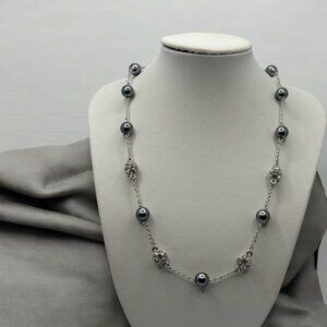 Nolan Miller Simulated Pearl and Pave Beaded Silver Tone Necklace Crystals